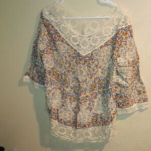 Solitaire Yellow And Blue Boho Floral Embroidered Tunic Top M